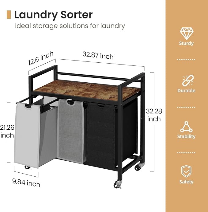 Laundry Hamper, Laundry Basket, Laundry Sorter with 3 Removable Bags, Clothes Basket with 3 Compartments, Wheels, Shelf for Laundry Room Bathroom Bedroom (3 Bags-Black Grey White)