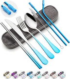 Travel Utensils Set with Case Reusable Portable Cutlery Set Stainless Steel 8pcs Including Dinner Knife Fork Spoon Chopsticks straws(Gradient Blue)