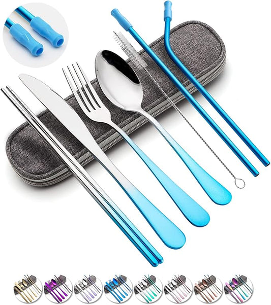 Travel Utensils Set with Case Reusable Portable Cutlery Set Stainless Steel 8pcs Including Dinner Knife Fork Spoon Chopsticks straws(Gradient Blue)