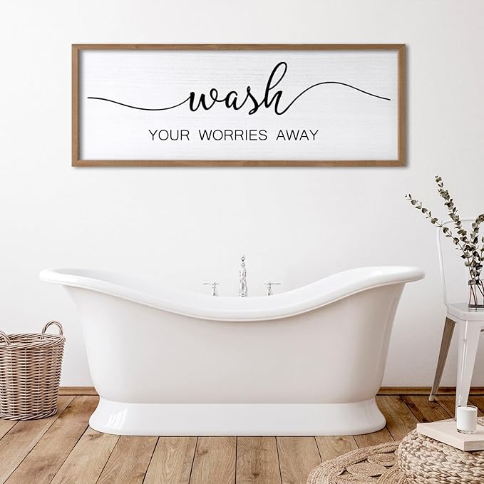 Wash Your Worries Away Wall Art Sign 32"×12" Laundry Room Large Wood Framed Restroom Toilet Wall Decor Hanging (Wood)