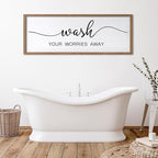 Wash Your Worries Away Wall Art Sign 32"×12" Laundry Room Large Wood Framed Restroom Toilet Wall Decor Hanging (Wood)