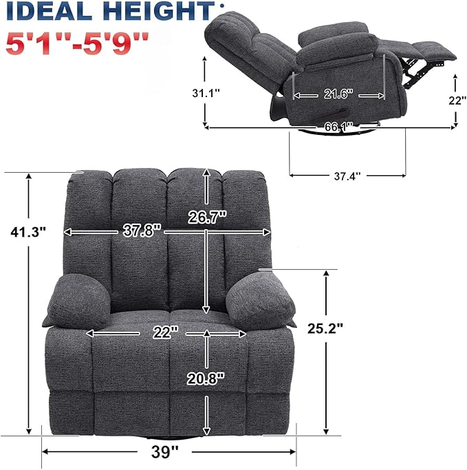 Oversized Swivel Rocker Recliner Chair for Adult, Rock Recliner for 350lb Big Man, Extra Wide Manual Recliners, Overstuffed Soft Rocking Sofa Chair,Light Grey