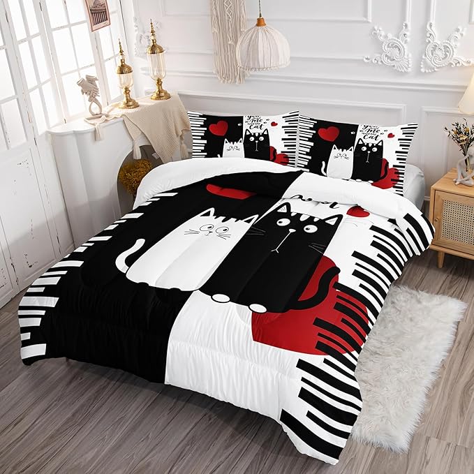 Kawaii Pet Cat Themed Comforter 3Pcs Queen Lover's Kitten Animal Bedding Set for Cat Lover Kid Teen Girl Boy Black White Cat Heart Pattern Quilt Bed Decor with 1 Comforter and 2 Pillowcases
