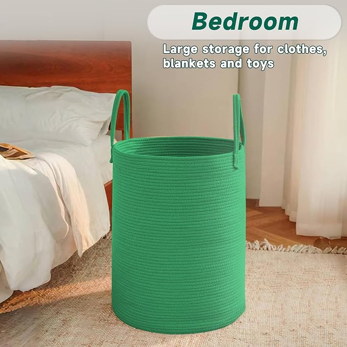Large Woven Laundry Basket Hamper,60L Cotton Rope Storage Bin for Blankets,Toys and Clothes,Decorative Tall Nursery Hamper for Living Room,Baby Nursery,Bathroom and Bedroom,Dark Green