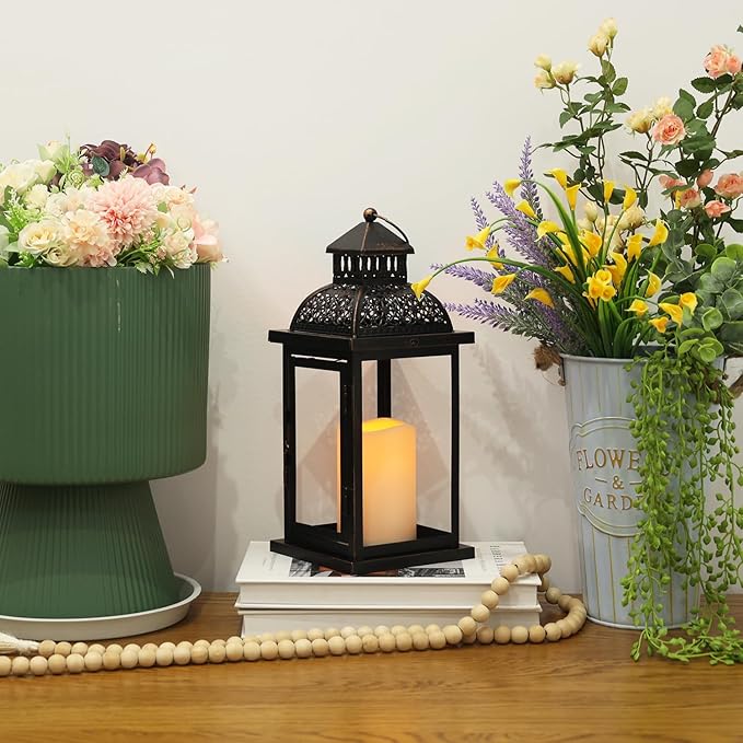 DECORKEY No Glass Lanterns Decorative Indoor & Outdoor, 15'' Candle Lantern Decorative Christmas Indoor Outdoor Decor, Vintage Metal Hanging Lanterns with LED Candle for Patio, Front Porch,Yard, Table