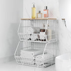 Wetheny 2 Tier Stackable Wall Mounted Wire Basket Fruit Basket with Wood Lid - Kitchen Pantry Organization and Storage, Hanging Storage Basket for fruits, Onion, Potato, Produce, Vegetable (White)