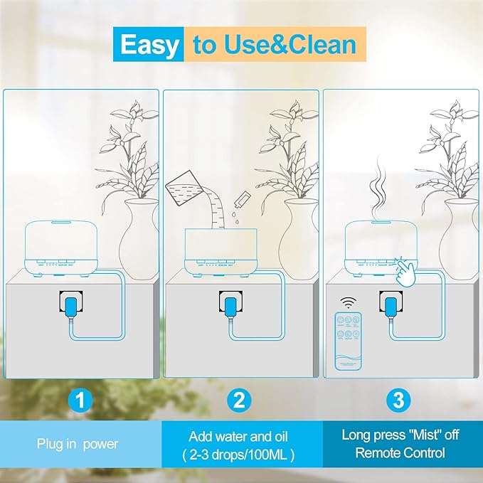 YIKUBEE Oil Diffuser with Essential Oils Set, 500ml Diffuser, 6x10mL Essential for diffusers for Home, Aromatherapy Humidifier, Diffusers for Essential Oils Large Room