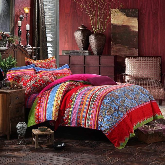 ABREEZE Bohemian Duvet Cover Set Colorful Red Boho Retro Bedding Set Damask Paisley Cotton Duvet Cover Tribal Reversible Bedding Exotic Style Comforter Cover 3-Piece Full
