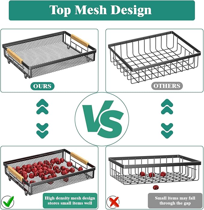Giwil 3 Tier Countertop Fruit Mesh Basket for Kitchen, Vegetable Storage Bread Fruit Bowl Stand with 2 Banana Hooks, Wall Mounted Metal Wire Basket Organizer for Potato Onion, Black