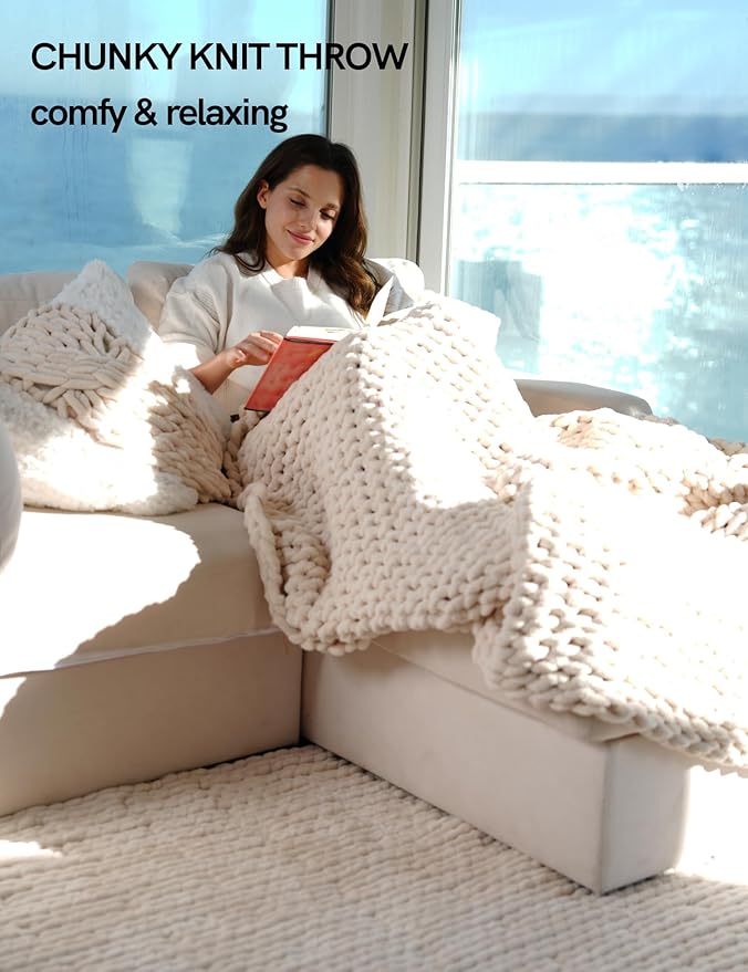 YnM Chunky Throw Blanket, Hand Knitted with Chenille Yarn, Skin Friendly, Ventilated and Breathable, Machine Washable, Home Décor Piece for Couch, Sofa and Bed (Butter Cream, 40x50 Inch)