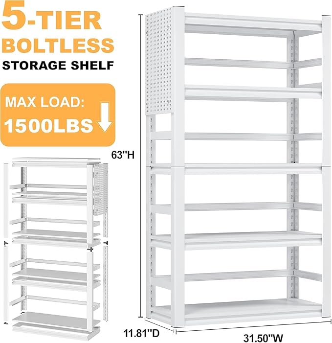 White Garage Shelving, 5 Tier Adjustable Shelving Units, Heavy Duty Metal Shelves, Bookshelf for Garage, Pantry, Basement, Living Room