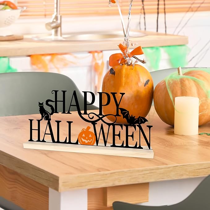 COCHIE Metal Happy Halloween Sign, Black Halloween Decorations for Home, Office, Shelf, Mantel, Indoor, Jack-o-lantern Decoration, Spooky Cat Bat Decor (Halloween)