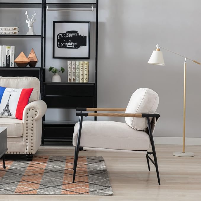 Mid-Century Accent Chair, Soft Armchair Chenille Fabric Lounge Chair with Black Metal Legs, Upholstered Leisure Chair for Living Room Bedroom Reception Room, 1PC, Beige