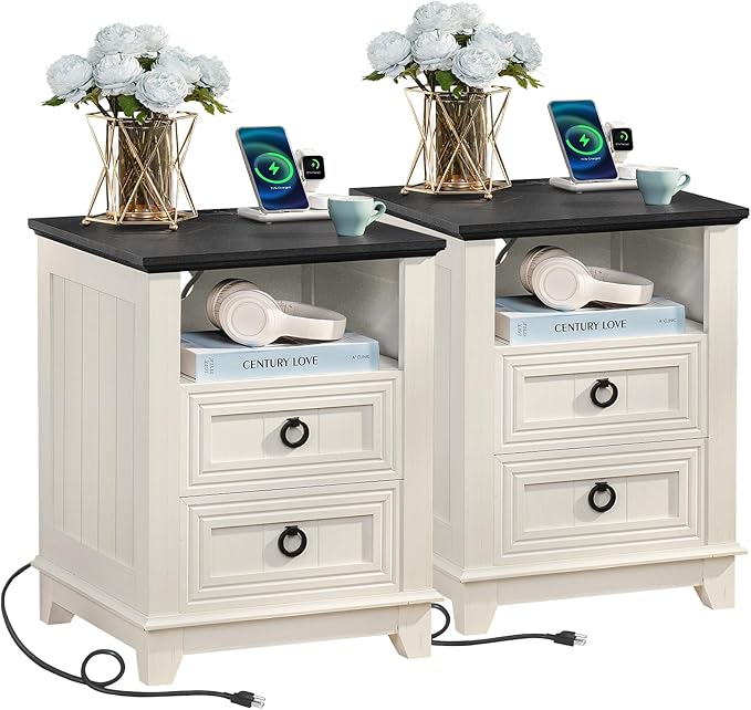 18" Farmhouse Night Stands Set of 2 with Charging Station, 2 Drawers End Table Dresser for Bedroom， Wooden Nightstand, Bed Side Table with Open Shelf, Bedside Cabinet for Living Room（White）