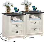 18" Farmhouse Night Stands Set of 2 with Charging Station, 2 Drawers End Table Dresser for Bedroom， Wooden Nightstand, Bed Side Table with Open Shelf, Bedside Cabinet for Living Room（White）