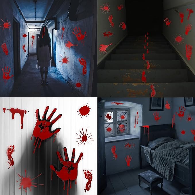 DC-BEAUTIFUL Halloween Bloody Handprint Footprint Horrible Window Stickers, 12 Sheets Decoration Clings for Window Wall Floor Glass Bathroom Outdoor Indoor Halloween Party