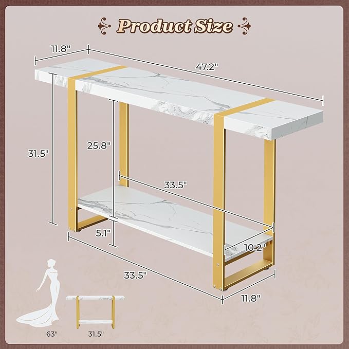 Huuger 47.2 Inch Entryway Table with Marble Top, 2-Tier Modern Console Sofa Table with Storage, Accent Table, for Entry, Hallway, Entrance, Foyer, T-Shaped Metal Frame, White Marble & Gold