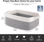 OIAHOMY 3 Pack Storage Baskets for Organizing, Woven Cotton Rope Basket for Shelves, Closet Organizer Bins with Handles, Rectangle Toy Organization, 13.78''×9.84''×5.5'', Grey & White