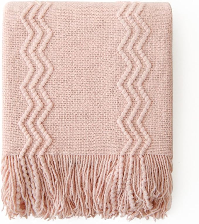 MIULEE Light Pink Knitted Throw Blanket for Couch Bed, Boho Textured Cozy Woven Decorative Farmhouse Blanket with Tassels for Sofa Chair Living Room 50"x60"