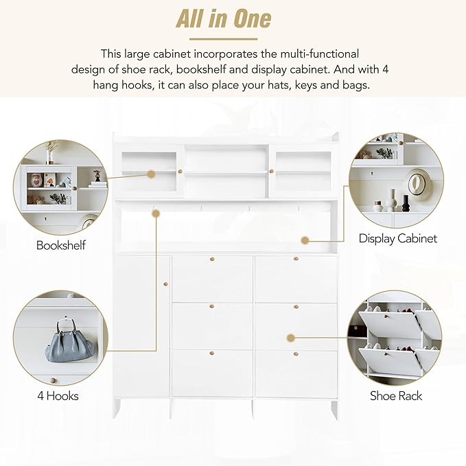 Ball & Cast Tipping Bucket 3-Tier Shoe Cabinet with 6 Flip Drawers and Storage Shelf,Entryway Hall Tree with Tempered Glass Doors and 4 Hooks,for Hallway,Mudroom,Living Room,White