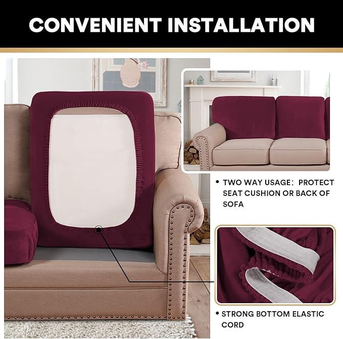 PrinceDeco Stretch Couch Cushion Covers Fitted Individual Seat Couch Slipcover Sets Velvet Fabric Soft Slip Cover for Chair Sofa Cushion Furniture Protector(Each Width Up to 29.5",Burgundy)