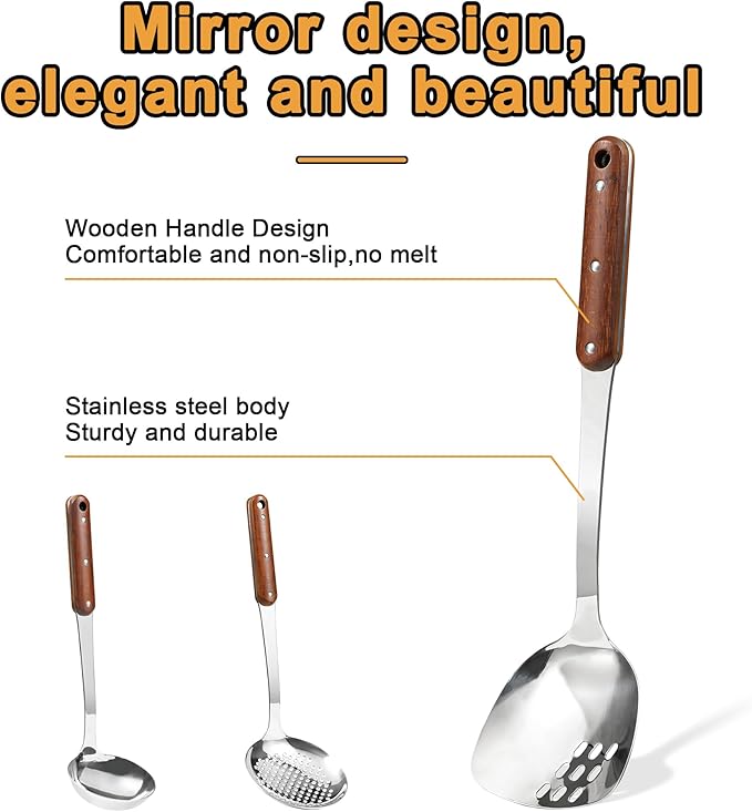 FJNATINH Stainless Steel Wok Spatula,Ladle,Skimmer Ladle Tool Set,Mirror Polished Cooking Utensils with Wooden Handle,Easy to Clean Wok Accessories,Sliver 3 PCS