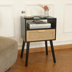 MaxSmeo Mid Century Modern Nightstand with Charging Station, Bedside Tables with Rattan Drawer, Small Wood Nightstand Side Table for Living Room,Bedroom (Black)