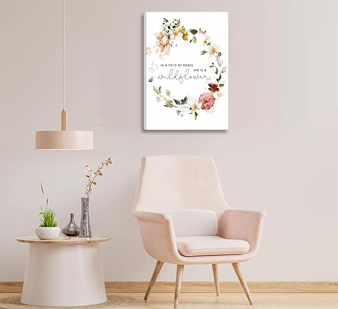 3Pcs Framed Watercolor Flowers Canvas Wall Art In A Field Of Roses She Is A Wildflower Painting Picture Wall Decor Pink wreath Poster Print Artwork for Nursery living room Girls Room Home Decoration