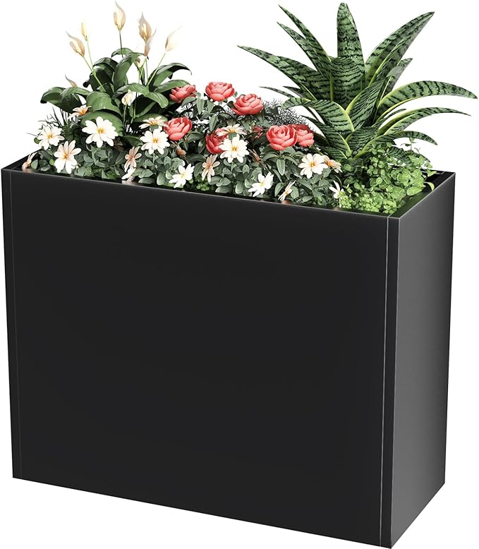 Tall Metal Cube Planter for Outdoor Plants 36" L x 12" W x 26" H, Heavy Duty Steel Large Planter Box with Removable Insert Shelf, Modern Décor for Tall Plants, Trees, Flowers (Black)