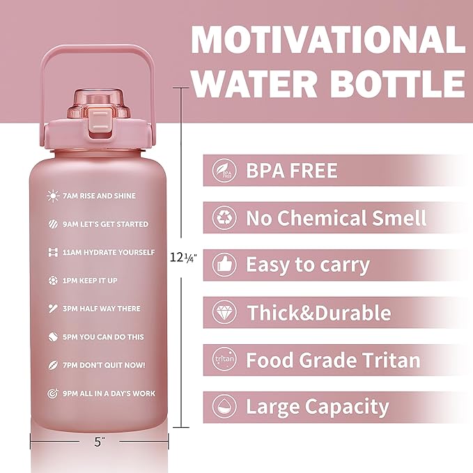 64oz,100oz,128oz Large Motivational Water Bottle with Time Marker, Leakproof & BPA Free Half Gallon Big Water Bottle with Straw Handle Tritan Frosted Water Jug for Gym,Fitness,Outdoor Sports