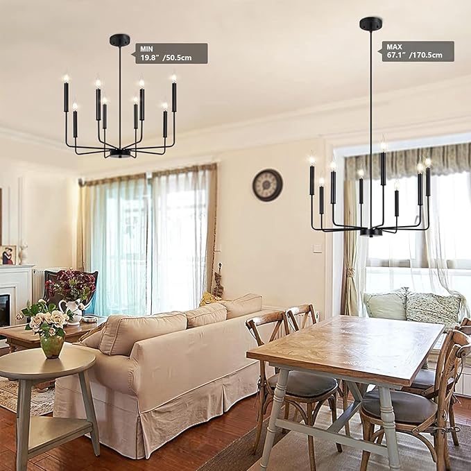 Modern Black Farmhouse Chandeliers, 8-Light Industrial Metal Chandelier Lighting, Classic Candle Hanging Pendant Light Fixtures for Kitchen Bedroom, Dining Room, Living Room,Foyer