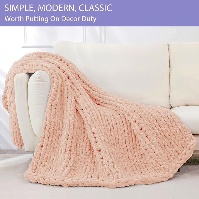 Bigacogo Chunky Knit Throw Blanket for Couch, 51x63 inches, 100% Hand Knitted with Thick Jumbo Chenille Yarn, Cozy Soft Large Rope Knot Cable Crochet Blankets for Sofa Bed Living Room, Peach Fuzz