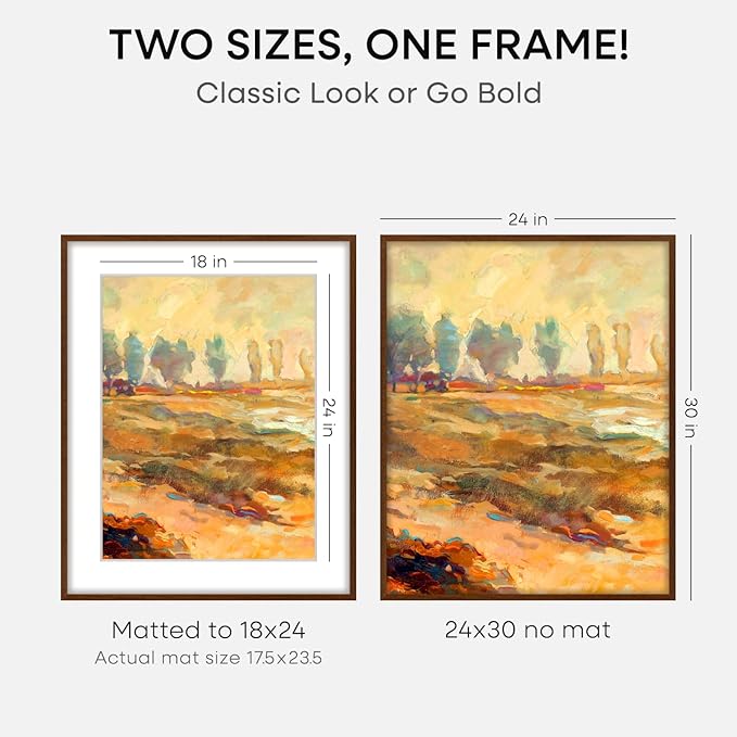 Homeforia 24x30 Walnut Frame, High End Oak 24 x 30 Wooden Poster Frame with Mat 18 x 24, 30x24 Large Picture Frames for Wall, 24x30 Brown Wood Frame Matted to 18x24, Tempered Glass, Wall Kit, Set of 1