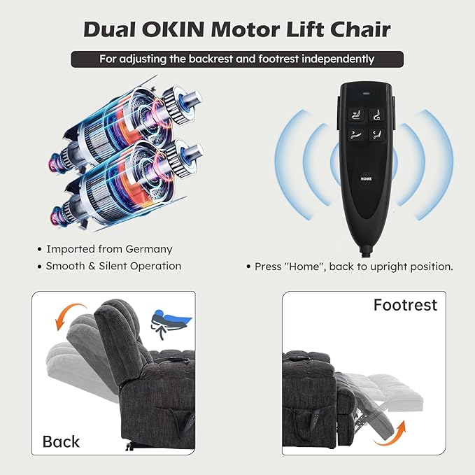 Power Lift Chair with Vibration Massage Heat for Elderly People, Dual Motor Electric Lay Flat Recliner Chair with Power-Remote, Standing Assistance Reclining, Chenille Dark Gray