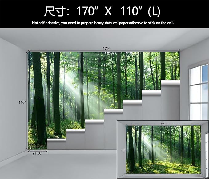 WFBHUA-Green Woodland Wallpaper Mural Foggy Forest Tree Wallpaper Nature Landscape Wall Murals for Bathroom Living Room (Not Peel and Stick)