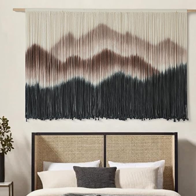 IOWER Macrame Wall Hanging 57" W x 35" L Brown Mountain Dip-Dyed Macrame Wall Decor Large Modern Fiber Art Boho Wall Decor