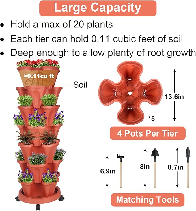 Vertical Planter 7 Tier Stackable Planters Garden Planters Strawberry Herb Flower and Vegetable Planter Indoor Outdoor Gardening Pots with Removable Wheels and Tools