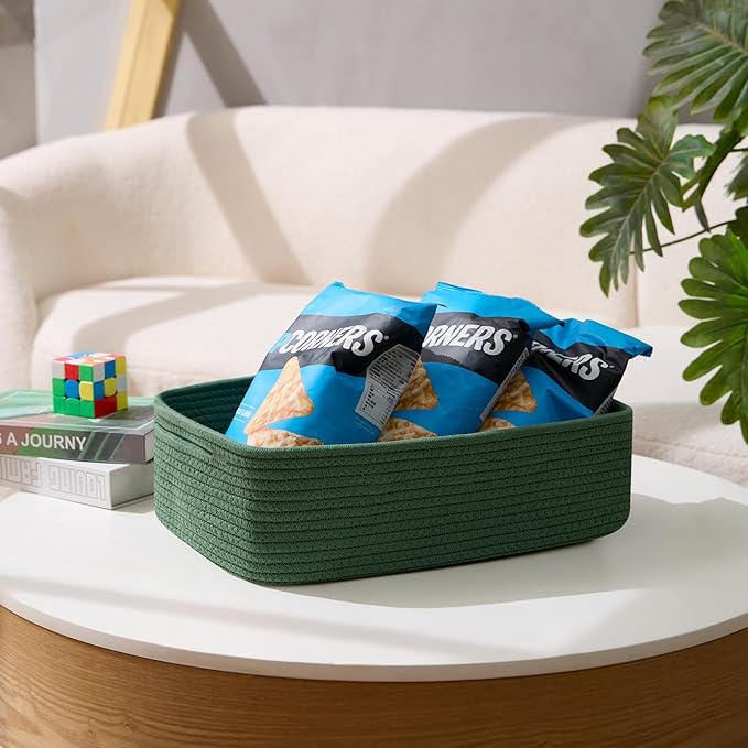 Large Shallow Organizing Baskets 15x11x5.1 Inches - Rope Woven Storage Bins for Bathroom, Shelves, Cube Closet, Green 2 Packs