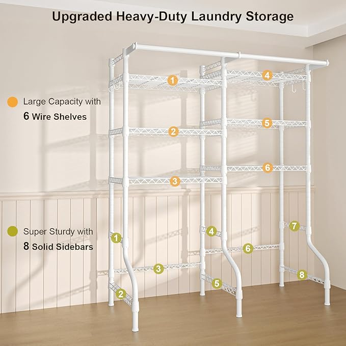 Ulif U13 Medium Over Washer and Dryer Storage Shelves, 6 Tiers Laundry Room Standing Shelf with 2 Hanger Rods, Space Saver Clothes Drying Rack, 57.8" W x 22" D x 77.4" H, White