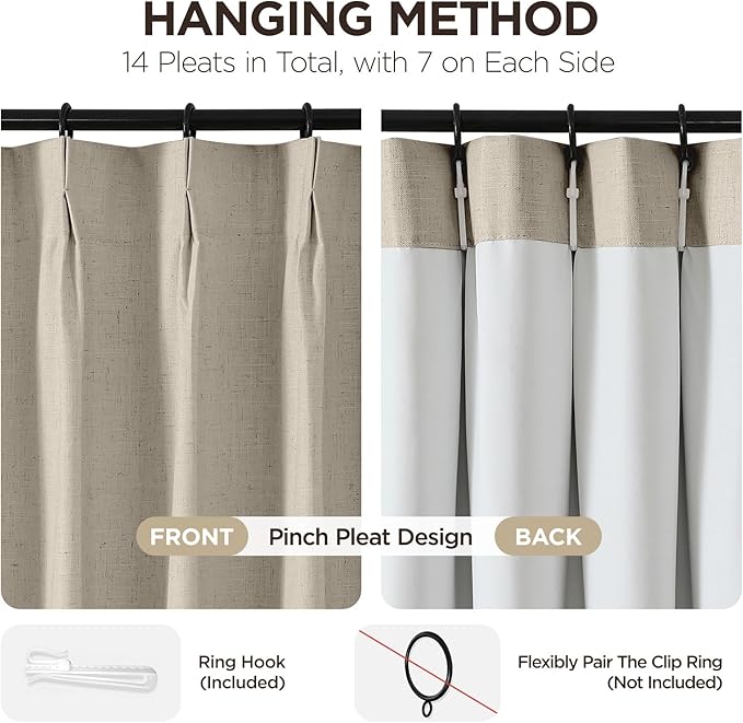 Joydeco Pinch Pleated Linen Curtains for Living Room, 100% Blackout Curtains 84 inches Long 2 Panel Thermal Insulated Pinch Pleat Drapes(Cobblestone,40'' Wx84'' L)