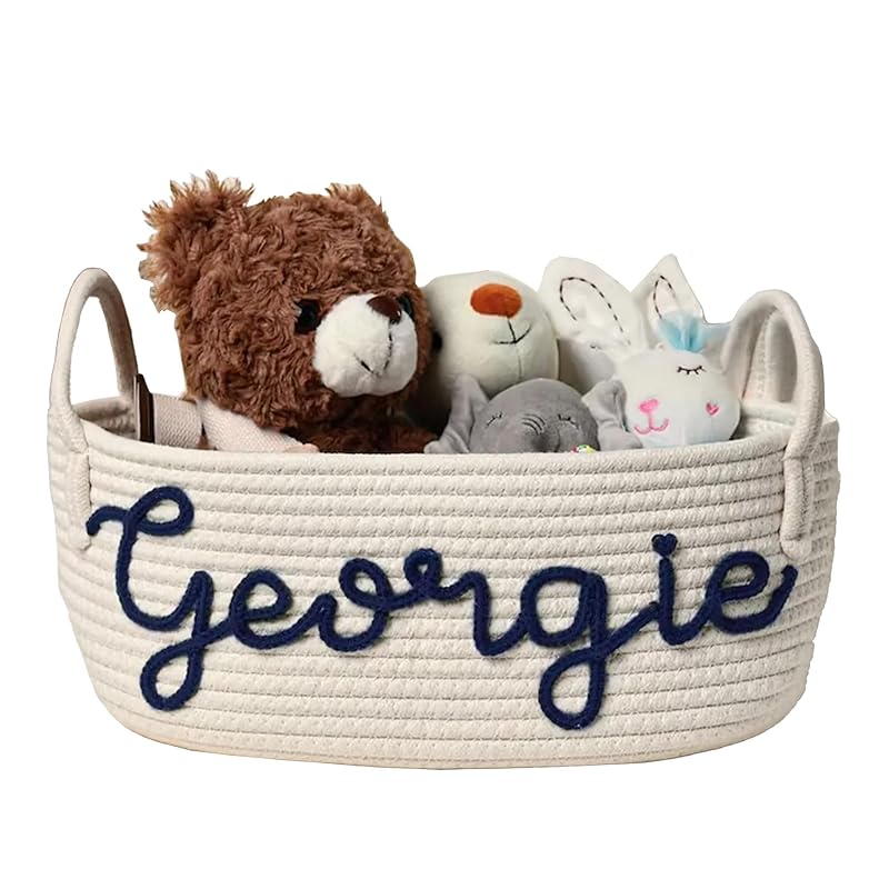 Personalized Baby Name Basket, Custom Woven Baby Shower Gift Basket with Cotton Rope Handle Baby Diaper Nursery Shelf Storage Basket Bin for Kids' Bedroom (Style 2)