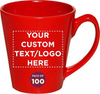 DISCOUNT PROMOS Custom Glossy Ceramic Latte Coffee Mug 12 oz. Set of 100, Personalized Bulk Pack - Perfect for Tea, Espresso, Cappuccino, Hot Cocoa - Red