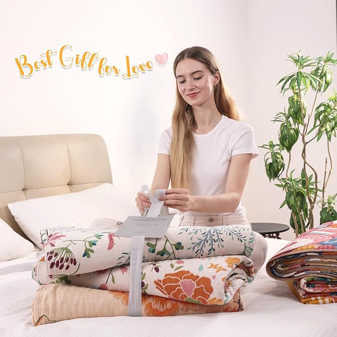 Boho Large Throw Blanket, 100% Organic Muslin Cotton Breathable Soft Bed Throw - Floral Bird Farmhouse Decor Blanket for Sofa Couch Chair Quilt and Gift. 80" x 90"- Colorful