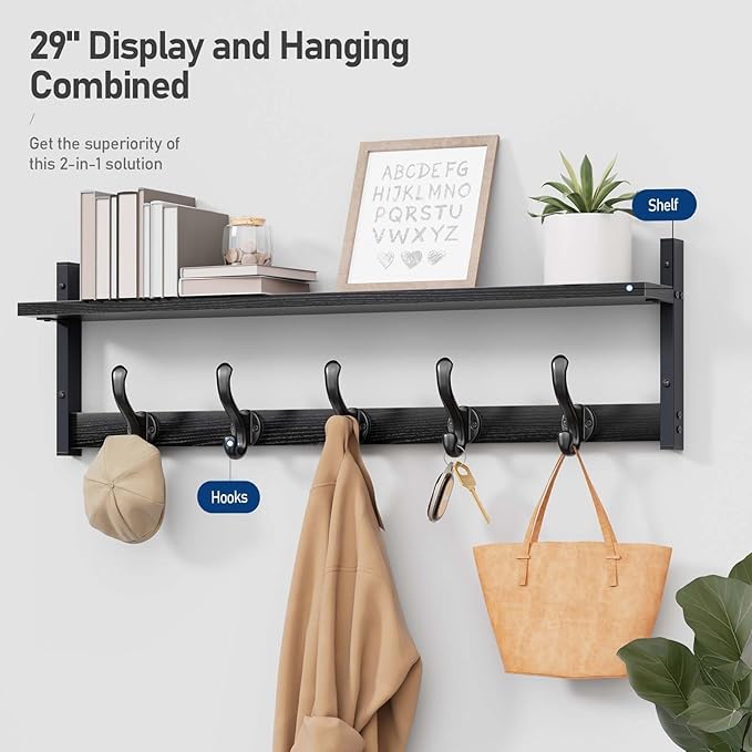 Tatub 29" Rustic Coat Rack Wall Mount with Shelf, Entryway Wall Hooks with Shelf, Coat Hangers for Bathroom, Living Room, Bedroom, Black