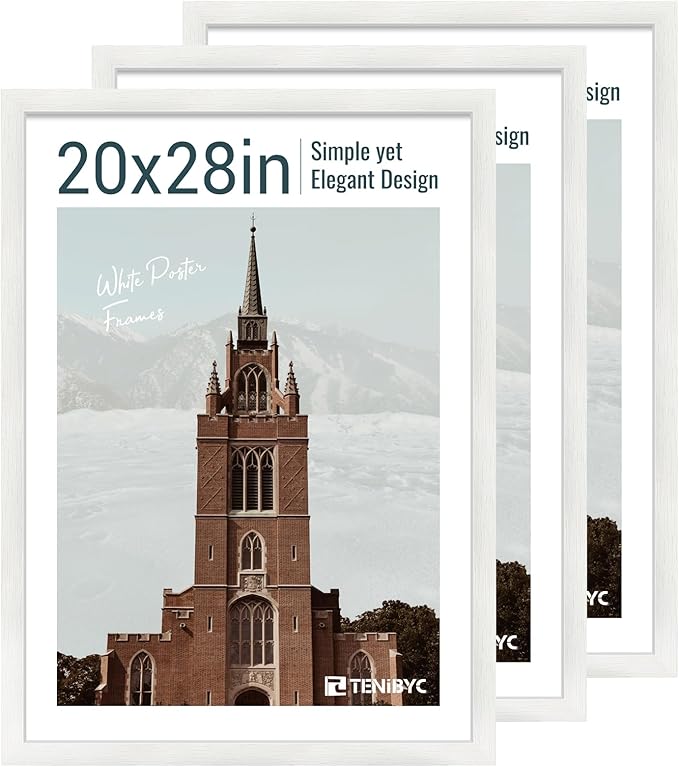 20x28 Picture Frame Set of 3 - White Woodgrain, Solid Wood Gallery Poster Frame - Wall Hanging
