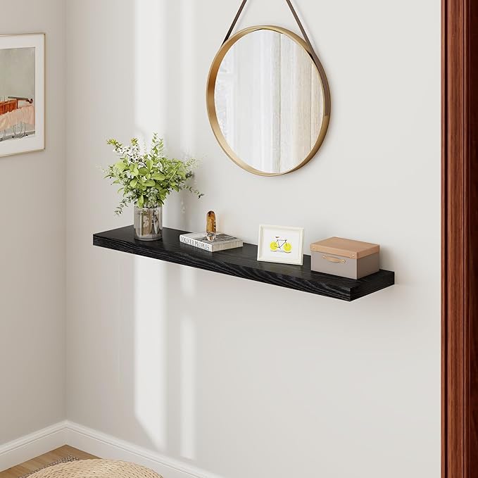 48 Inch Floating Shelves Black, Rustic Wood Floating Shelf Wall Mounted, 9 Inch Deep Floating Shelf for Kitchen, Bedroom, 48 x 9 Wall Shelves for Home Storage, Set of 1