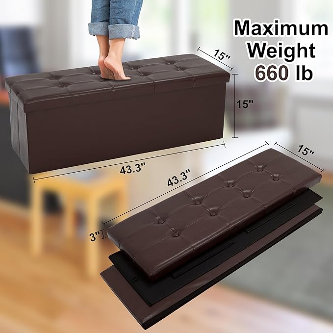 43 Inches Folding Storage Ottoman Bench, PU Leather Storage Chest, Footrest Padded Seat for Bedroom and Hallway, Holds up to 660 lbs, Brown