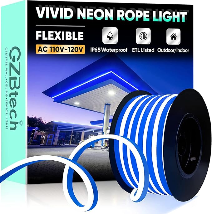 GZBtech Flexible LED Neon Rope Lights 33FT,AC 110-120V Waterproof Strip Light, 120 LEDs/M Cuttable Connectable Neon Lighting for Indoor Outdoor Home Decor/Commercial Building Use-Blue 10M