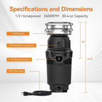 1/2 HP Garbage Disposal, TECASA Food Garbage Disposal with Power Cord, Stainless Steel Grinding System and 3-Bolt Mounting, Continuous Feed Compact Garbage Disposals, UL Certified, Taskmaid Series 50