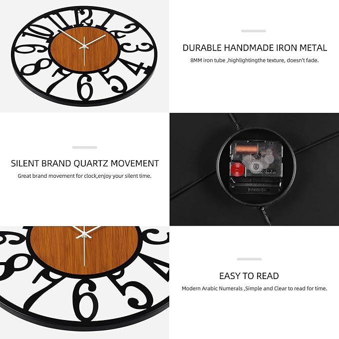 Maxstar Round Wall Clock for Living Room Decor Battery Operated Non Ticking Black Metal Wood Clocks for Home Living Room Garden Office Kitchen Decoration -13 inch